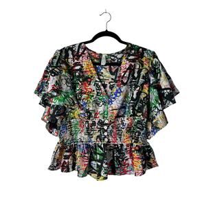 Live 4 Truth Top Size 1X Graffiti Print Smocked Waist Crop Boho Streetwear Artsy